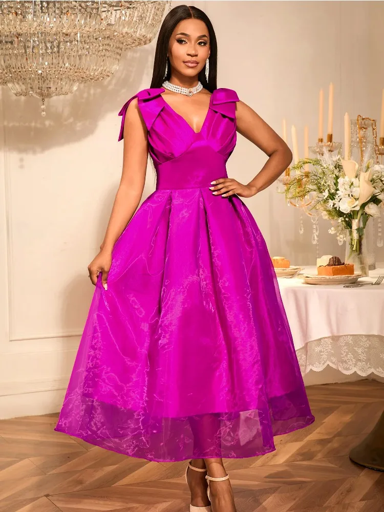 Vestido de verano sin mangas con cuello en V para mujer, hasta el tobillo, ajustado, elegante, plisado, con lazo en la cintura, falda completa, línea A para fiesta Formal de boda