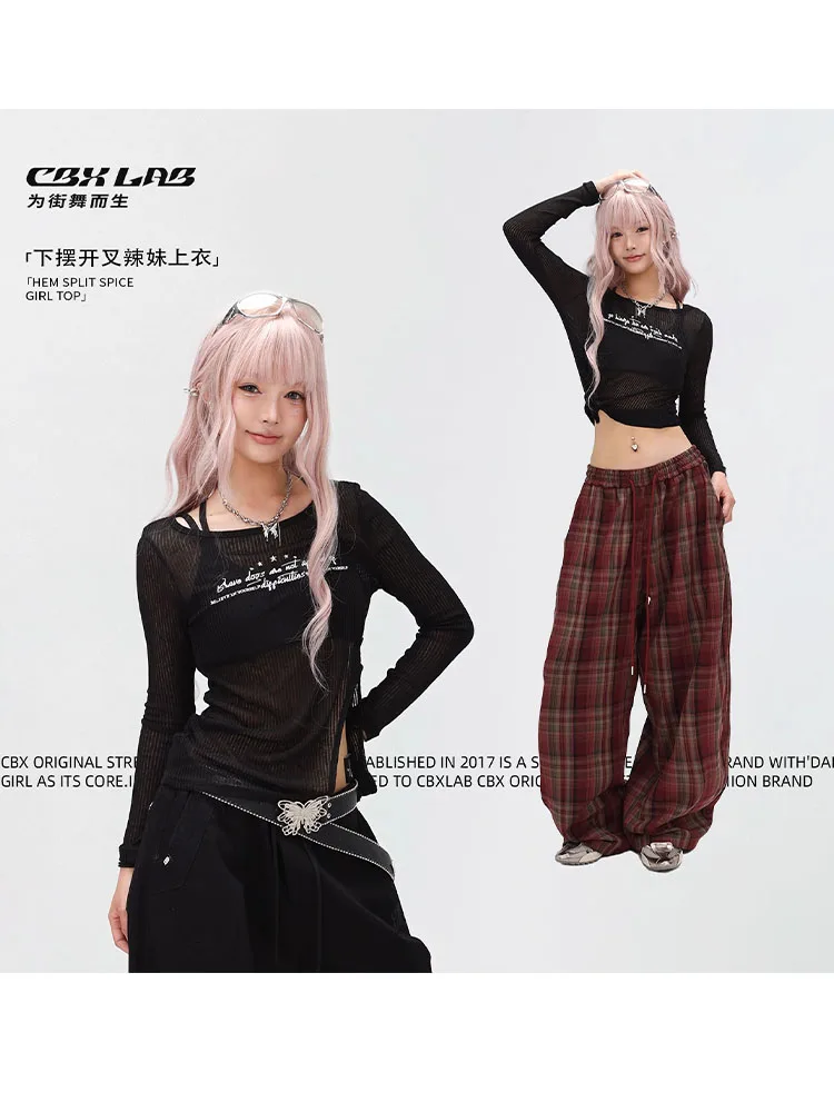 

CBXLAB Street Dance Women' s Black spicy girl fitted jazz long sleeve women's slightly see-through K-pop dance hem slit top