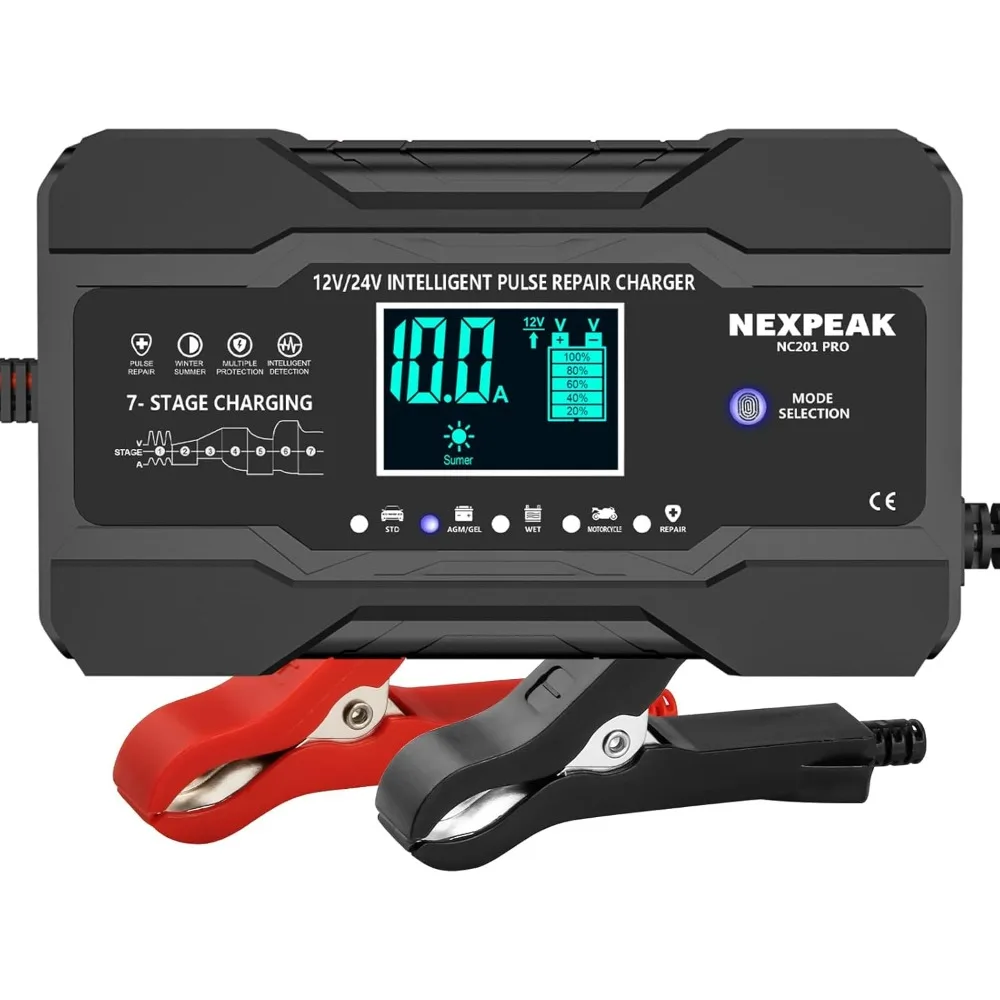 

NEXPEAK 10-амперное автомобильное зарядное устройство, интеллектуальное полностью автоматическое устройство для обслуживания аккумуляторов 12 В и 24 В с температурной компенсацией для