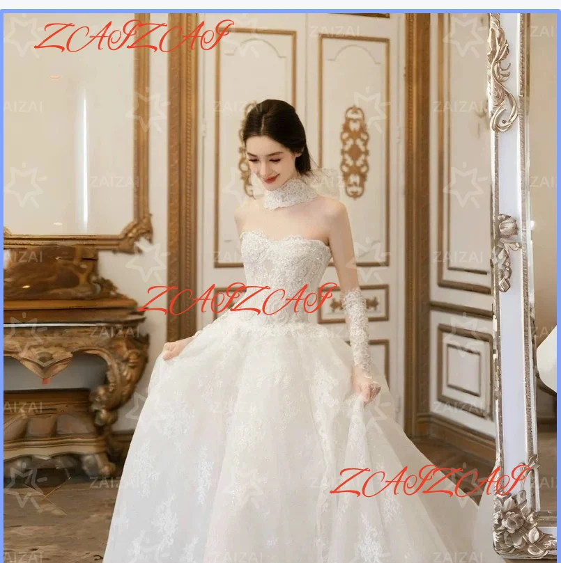 Customized Exquisite Shining Beading Wedding Dresses Strapless Long Sleeve Vestido De Novia Lace Embroidery Made Bridal Gown