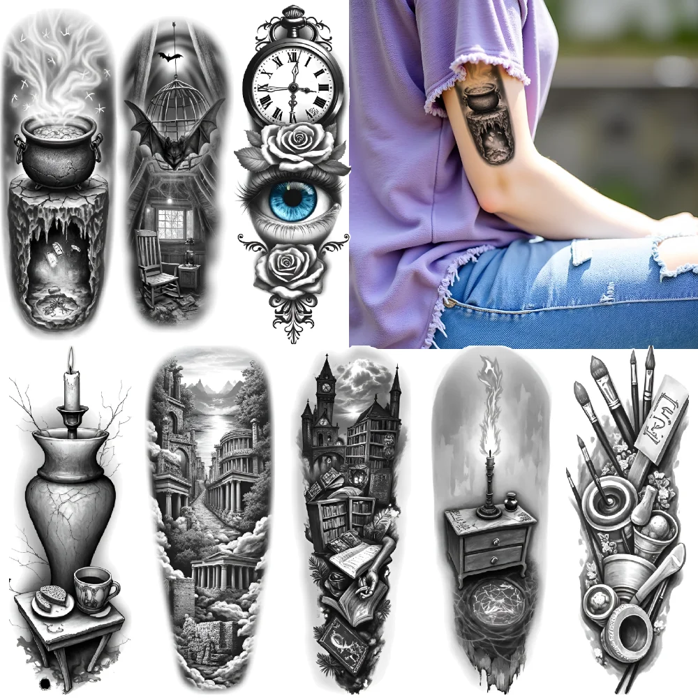 

3pcs Temporary Tattoo Paintbrushes And Tools Waterproof Long-lasting Body Stickers Doorway With Stairs City Skyline For Men