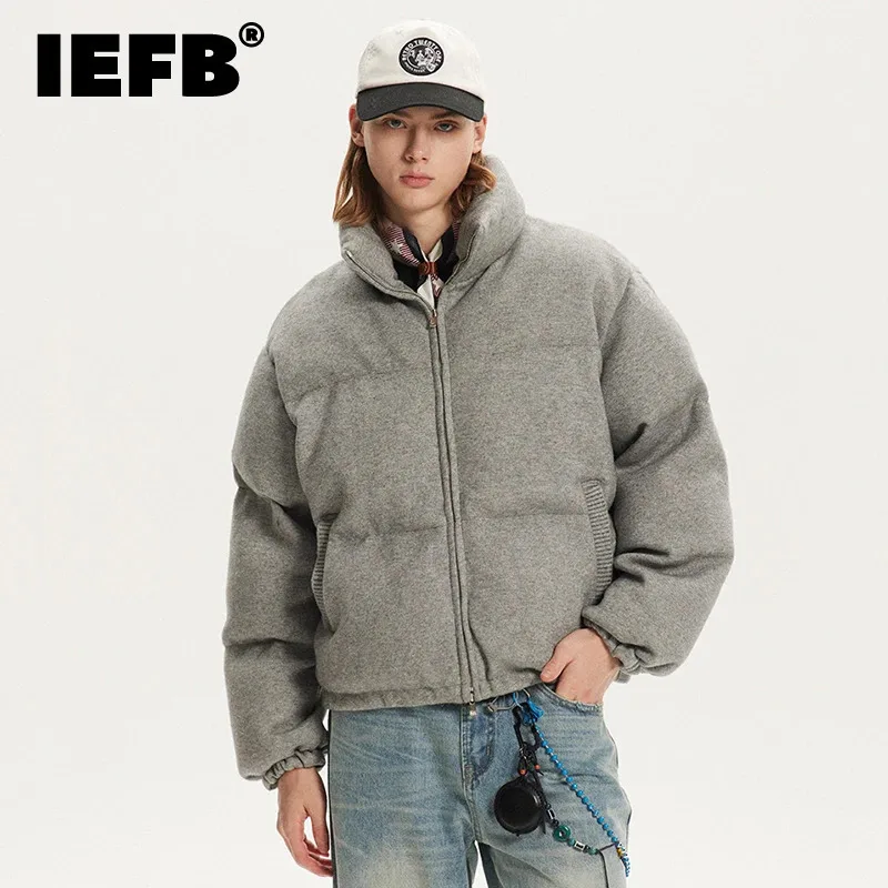 IEFB Simple Men's White Duck Down Jackets Stand Collar Solid Color Casual Korean Style Loose Thick Male Short Coats 2024 9W149