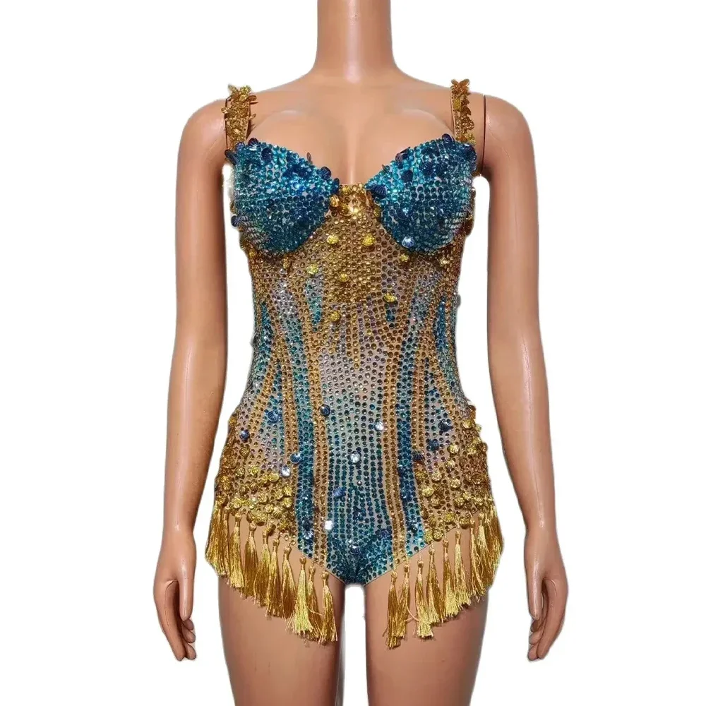 

Women V Neck Sparkly Rhinestones Sequins Tassels Bodysuit Performance Dance Costume Sexy Nightclub Singer Dancer Photoshoot Gown