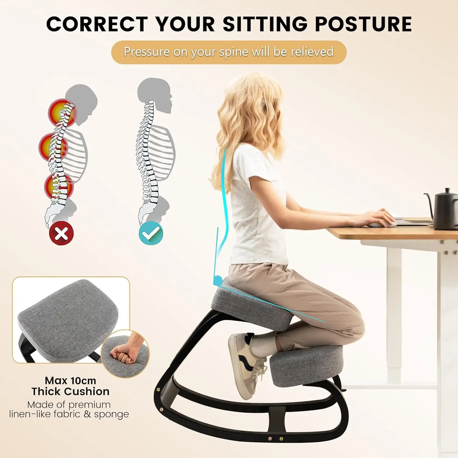 Ergonomic Kneeling Chair, Rocking Knee Chair For Upright Posture, Home Office Ergo Kneel Support Stool, Relieving Ba And Ne