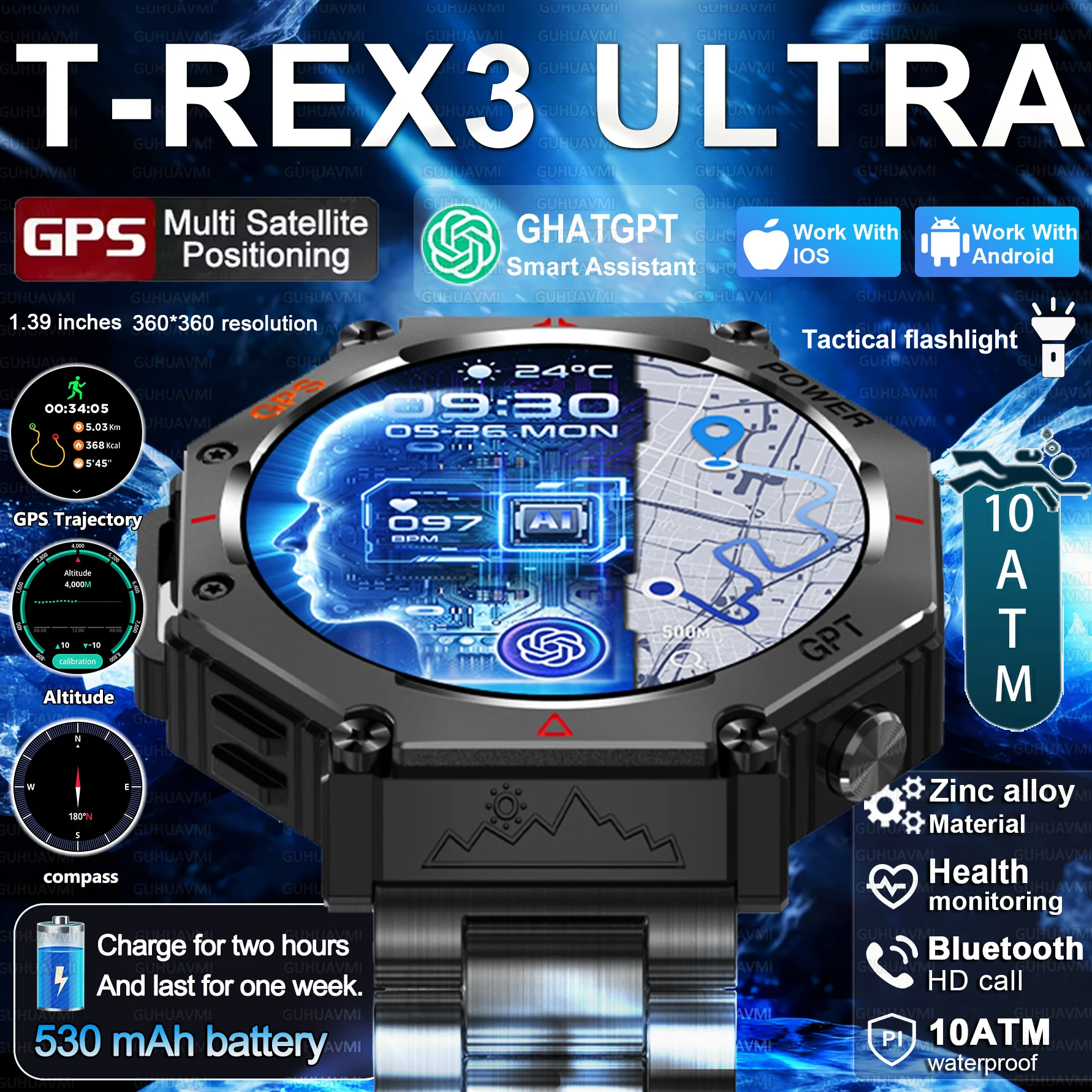 New Bulit-in GPS Military Outdoor Smart Watch Men Flashlight Compass HD call Heart rate 10ATM Waterproof Sports Smart watch 2026