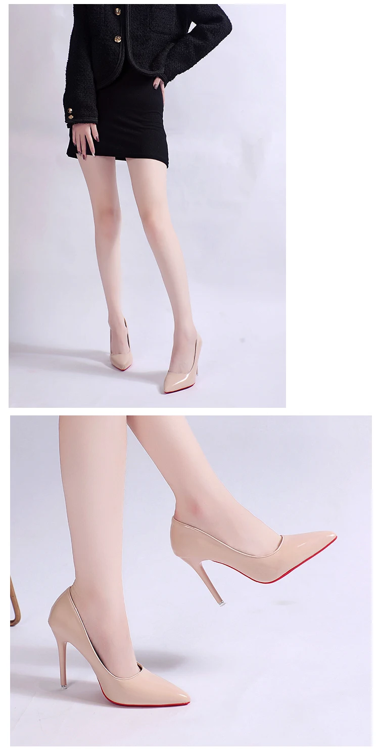 White Nude Pointed Toe Patent Leather High Heels Sexy Red Sole Party Prom Girl Pumps Minimalist Shallow Mouth Work Single Shoes