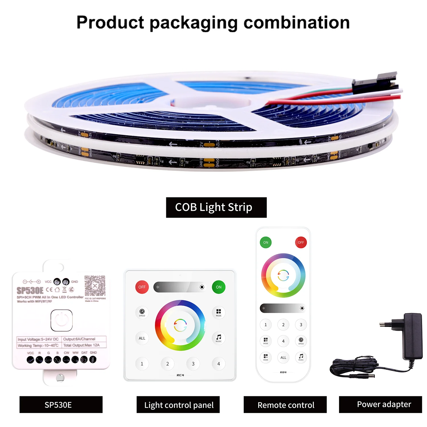 FCOB WS2811 어드레서블 RGB COB LED 스트립 12v 24v 720LEDs/m SP530E 2.4GHz 블루투스 컨트롤러 & RC3/RB3 리모컨 1m2m3m4m5m 세트