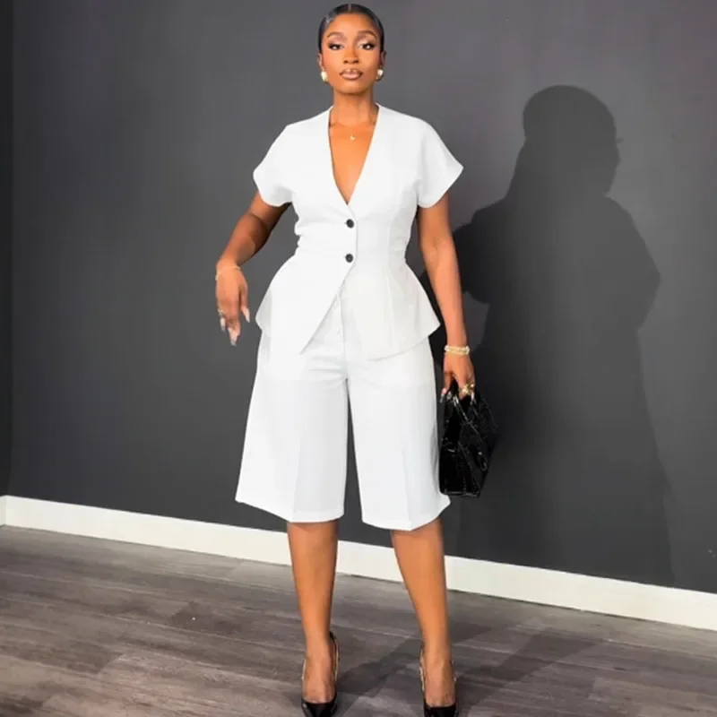 

Elegant Fashion Two Piece Set Woman Work To Wear Office Lady Short Sleeve V-neck Top and Knee Length Shorts Matching Sets