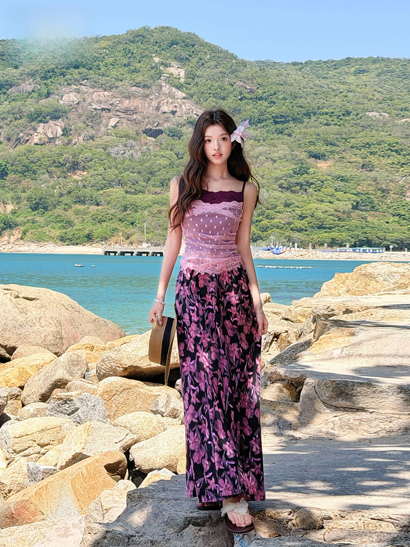 

Purple Lace Halter Neck Crop Top And Floral Skirt Two Piece Set Women's Slimming Summer Fashion Ensemble Casual Style