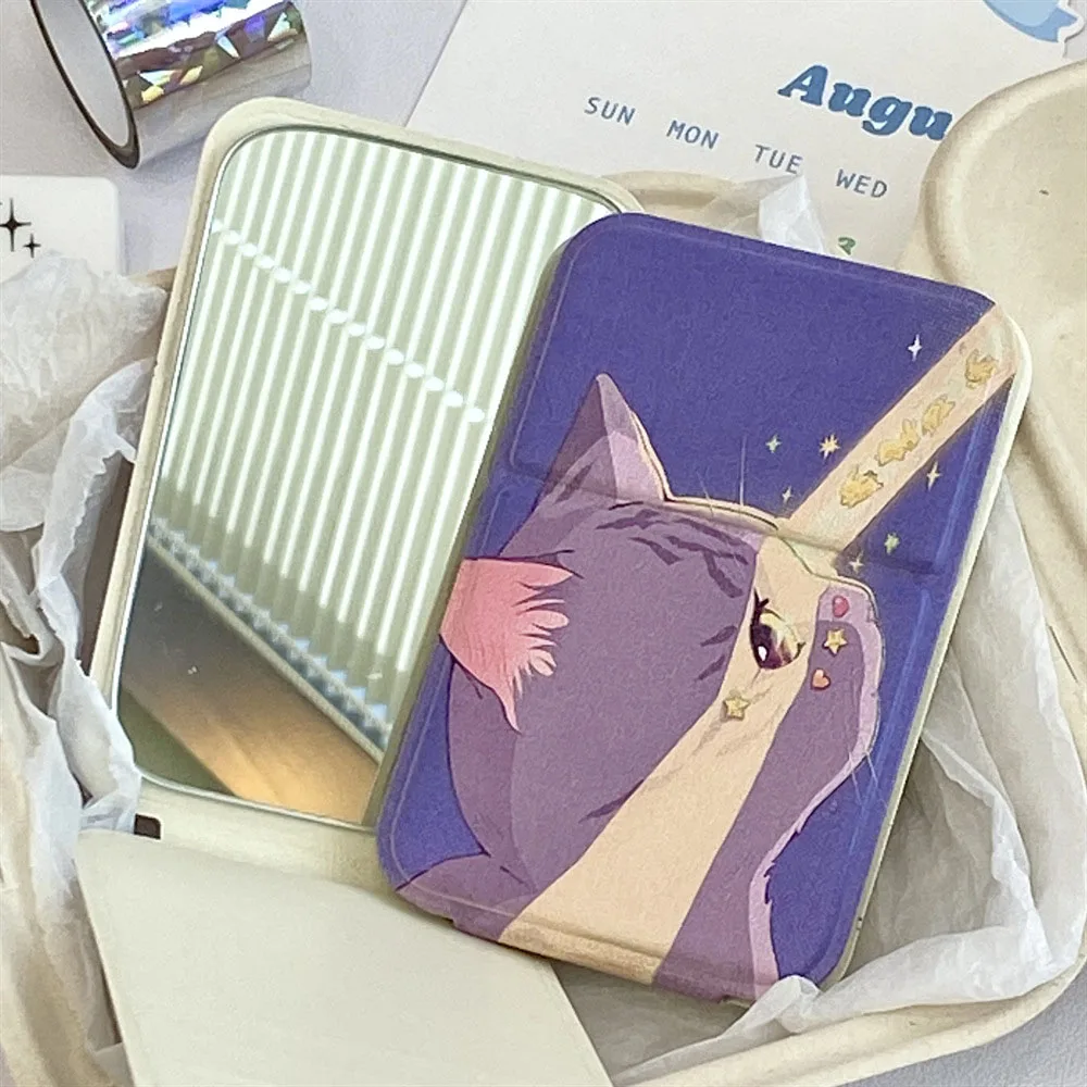 Portable Foldable Makeup Mirror PU Leather Handheld Mirrors Cute Bow Bunny Cat Bear Pocket Cosmetic Mirror Desktop Makeup Mirror