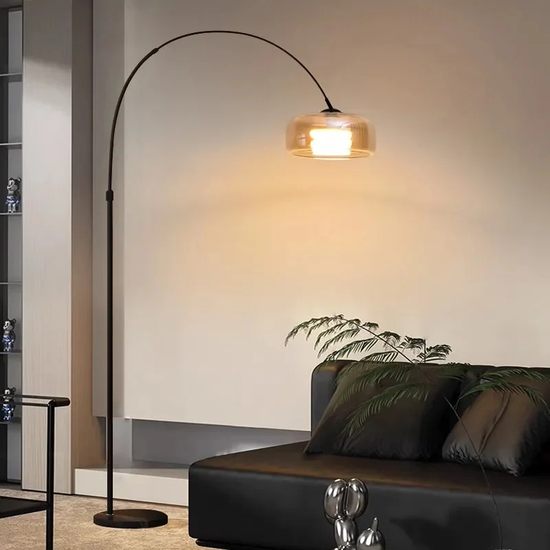 Modern Arc Fishing Floor Lamp Smoked Glass Shade Black Metal Curved Arm LED Standing Lamp Living Room