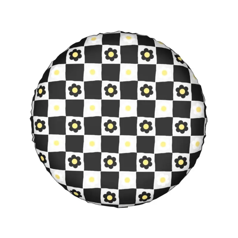 Checkerboard Daisies Flowers Spare Tire Cover for Honda CRV Jeep RV SUV 4WD 4x4 Checkered Car Wheel Covers 14