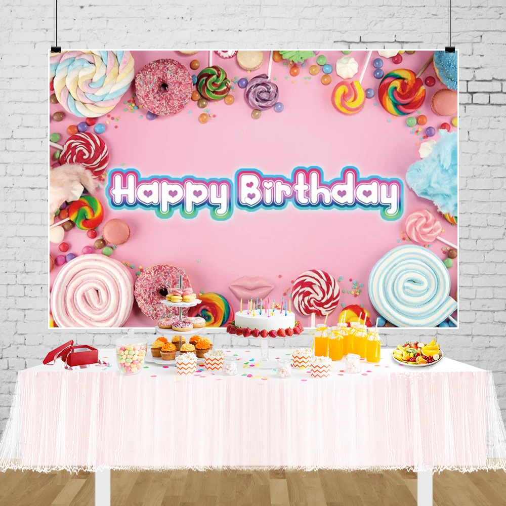

Candy Bar Baby 1st Birthday Backdrop Photography Pink Lollipop Donut Newborn Shower Party Background Kids Photo Studio Photocall