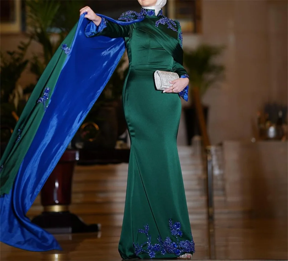 Satin High collar Long Sleeve Evening Dresses With cloak Elegant O-neck Appliques Beading Flowers Mermaid Cocktail Party Gowns