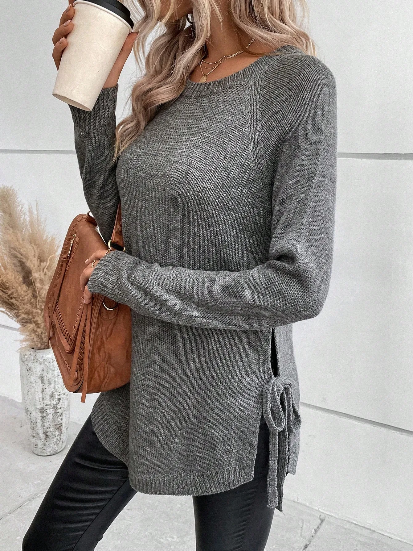 Suéter lateral com nó de manga raglan pulôver de malha outono inverno roupa