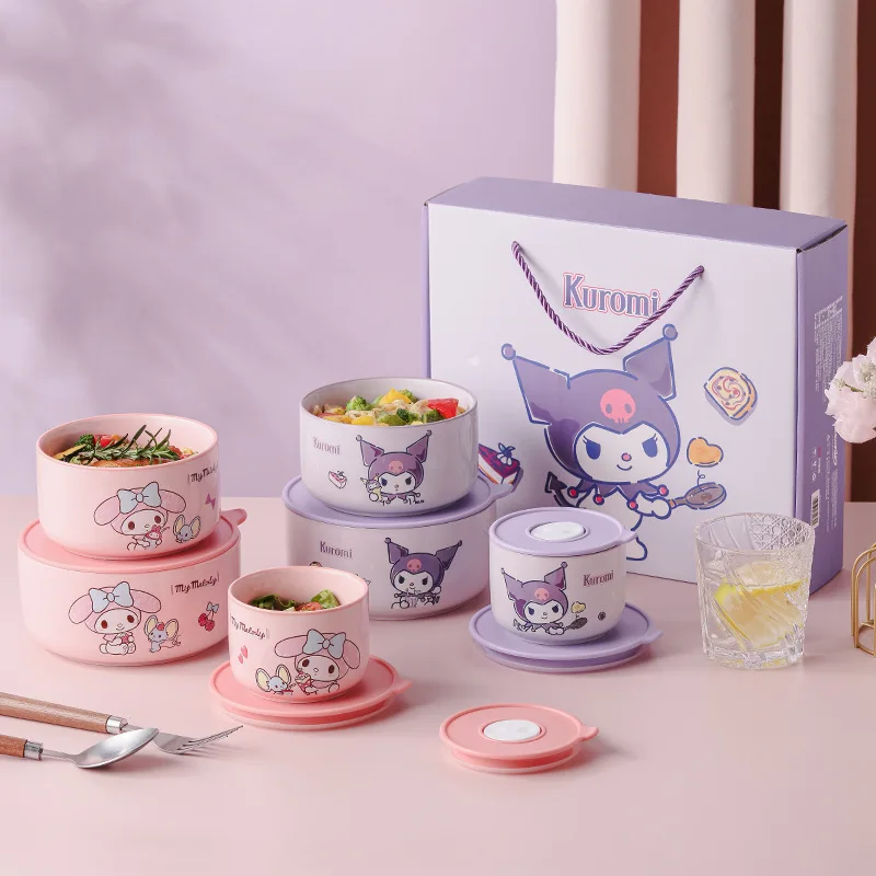 

3PCS Cartoon My Melody Kuromi Sealed Ceramic Fresh Bowl Kawaii Student Lunch Box Set High-end Gift Box Gift for Friends