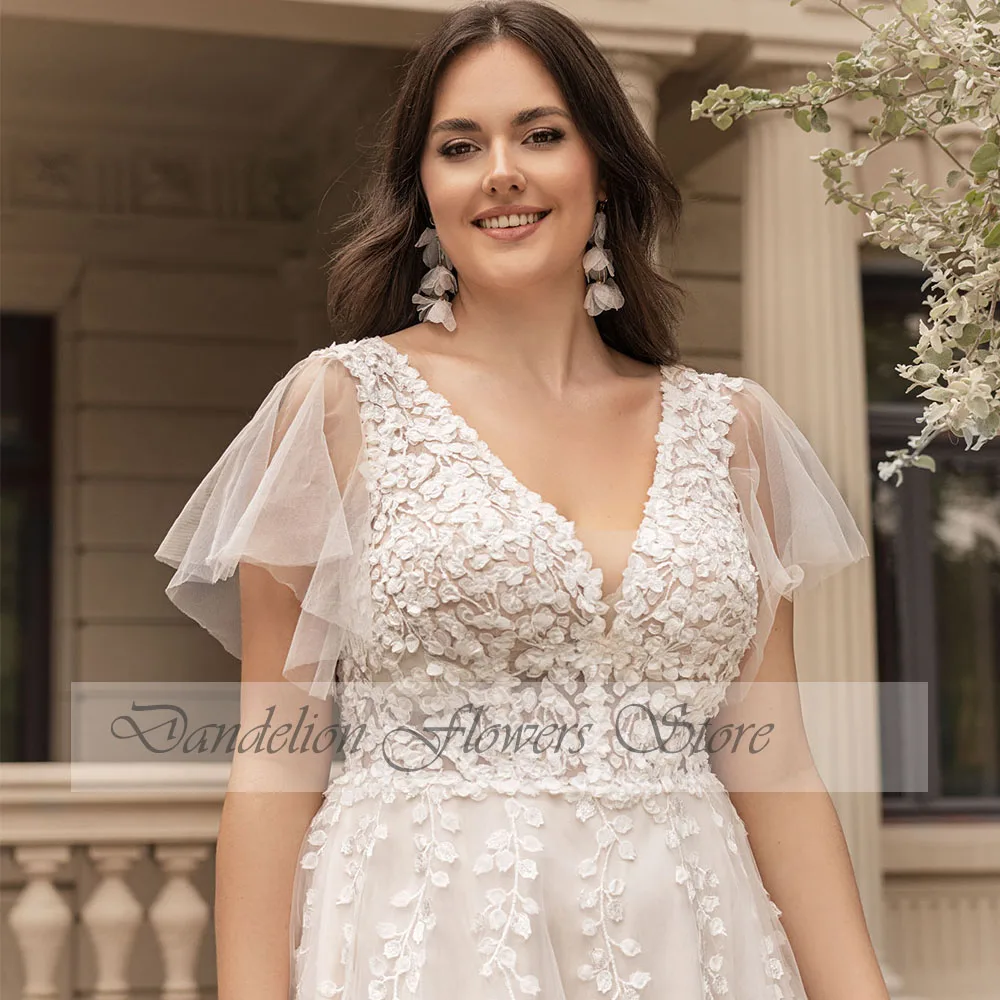 Pastrol Wedding Dresses Short Sleeves V-Neck Zipper A-Line Bride Gowns Tulle With Lace Applique Sweep Train Vestido De Novia