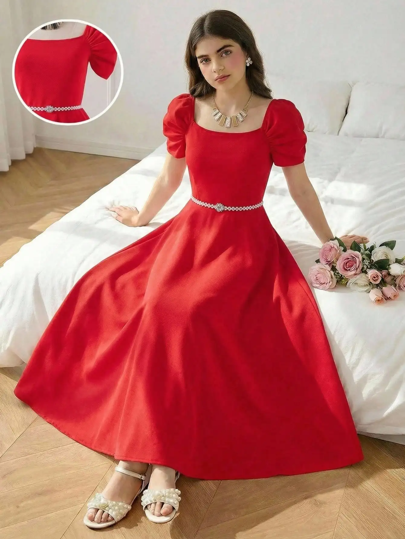 

Элегантное красное платье А-силуэта с квадратным вырезом, пышными рукавами и жемчужным поясом для вечеринки