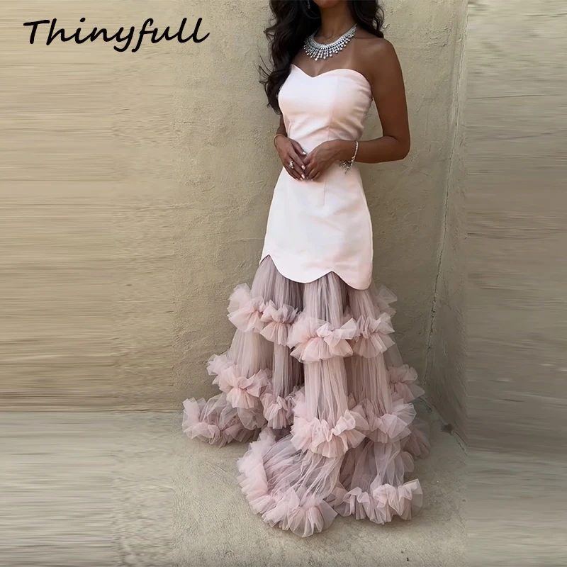 

Thinyfull A-line Tulle Arab Evening Dresses Sweetheart Sleeveless Prom Party Dress Dubai Long Formal Occasion Gown Customized