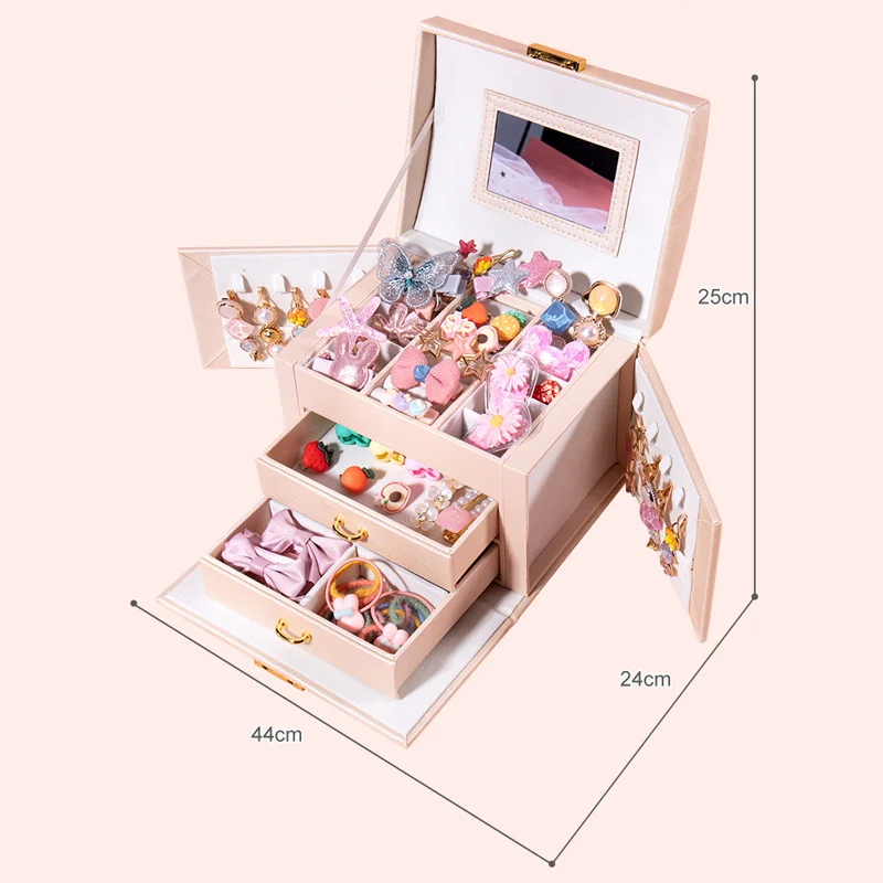 25-45PCS Girl Hair Decoration Set Kids Makeup Box Anéis Tiaras Acessórios Princess Beauty Game Brinquedo infantil para 3 Year Gift