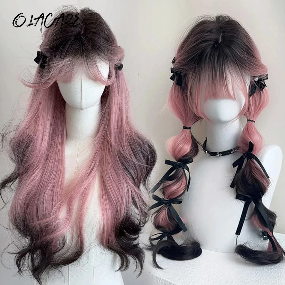 OLACARE Synthetic Long Wavy Brown Black Pink Omber Wigs with Bangs Cosplay Hairs Wig for Women Daily Natural Wigs