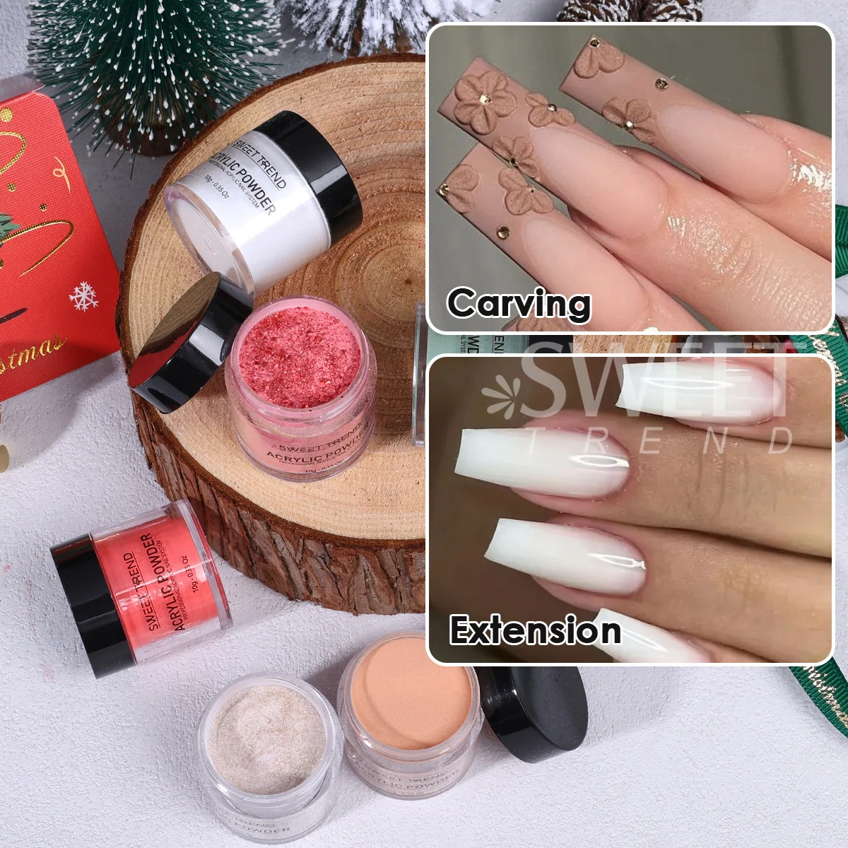 Polvo acrílico para uñas de Color navideño, 6 uds., verde, rojo, cristal dorado brillante tallado, lentejuelas de construcción, extensión de manicura, polvo de inmersión
