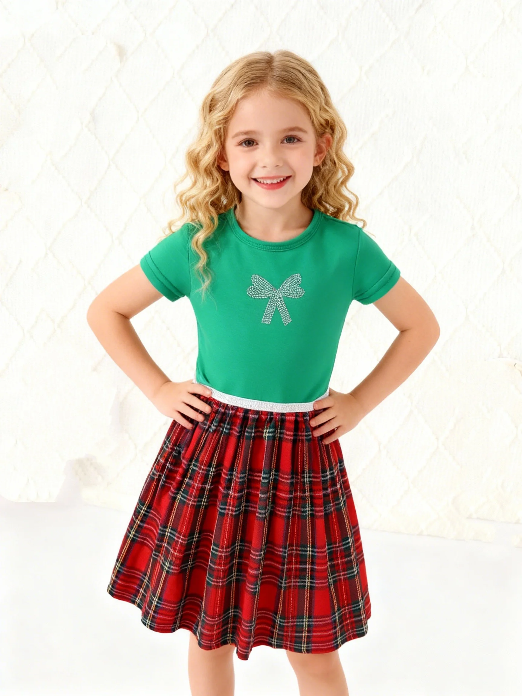 

Summer New Cute Beaded Butterfly Knot Splicing Skirt For Girls, Fashionable And Casual Plaid Dress