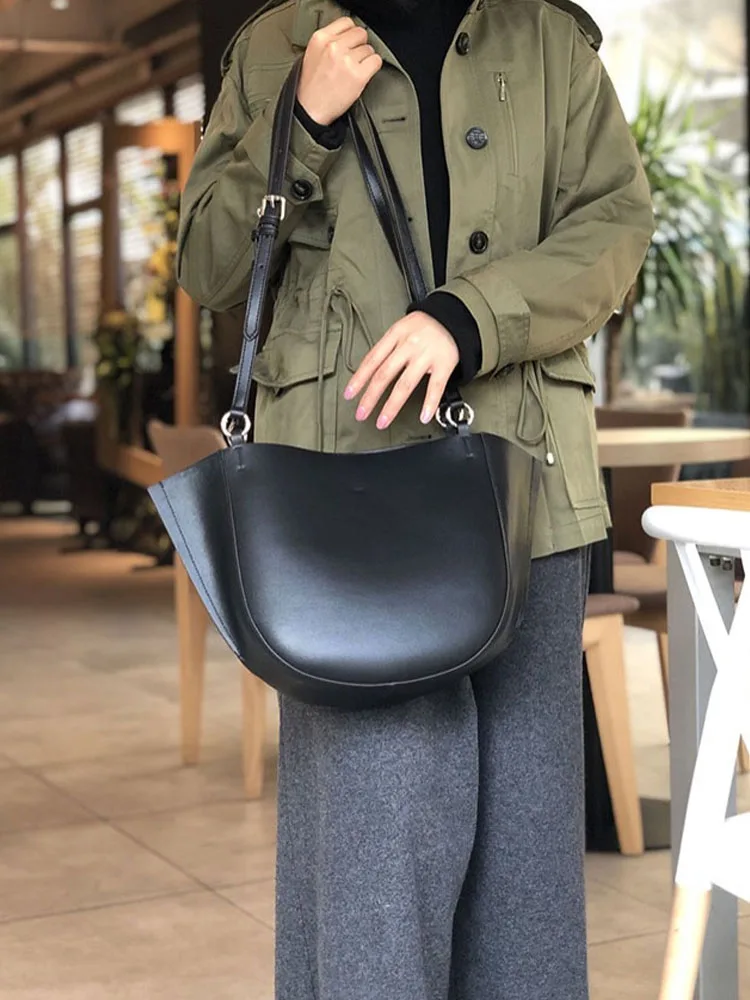 Women Shoulder Handbag Black Casual Soft Cow Split Leather Fashion Single Crossbody Bags Designer Solid Color Ladies Sling Bag