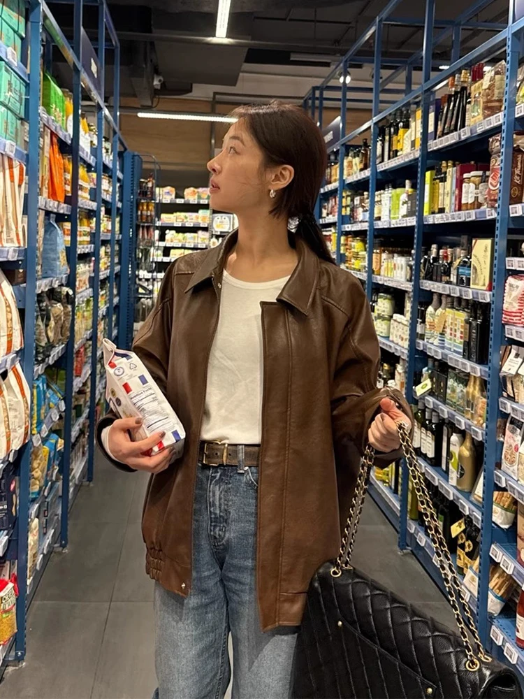 

Sli Свободное женское байкерское пальто из искусственной кожи, осеннее новое модное универсальное повседневное длинное пальто на молнии небольшого размера