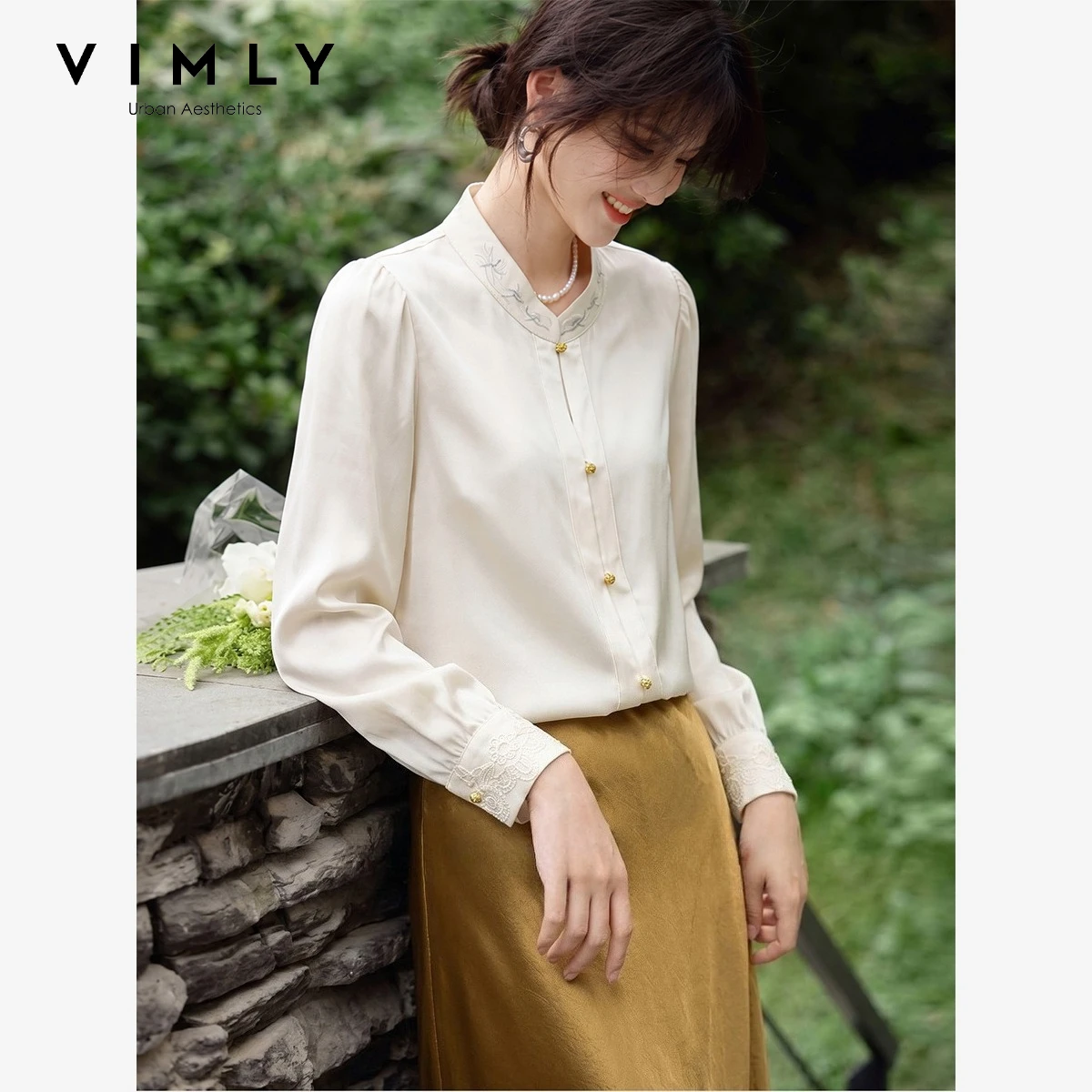 VIMLY Blouse for Women Apricot Chinese Style Elegant Embroidered Satin Stand Collar Shirt 2026 Fall Long Sleeve Top Ladies 31971