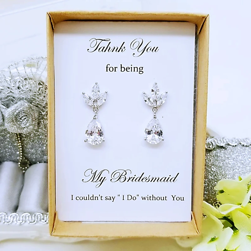 Personalized Silver Teardrop with Leaves, Cubic Zirconia Earrings, Bridesmaid Earrings Gift, Wedding Party Flower Girl Gift