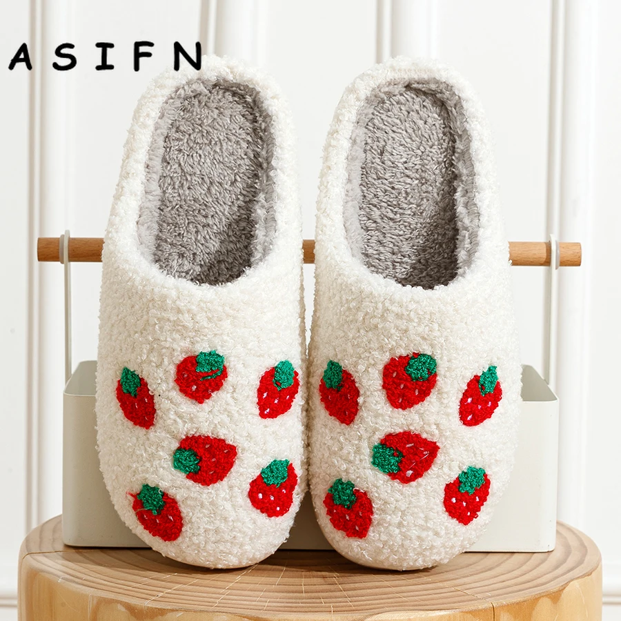 New Cute Strawberry Slippers Soft Fluffy Faux Fur Plush House Shoes Women Female Comfy Home Flat Slip-on Slides Chaussure Femme