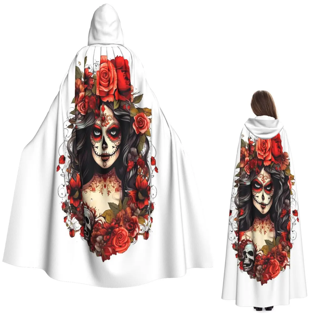 Capa Larga con Capucha de Calavera de Azúcar del Día de Muertos, Estilo Catrina Mexicana, Disfraz Medieval de Bruja, Capa de Cosplay para Halloween, Vampiro