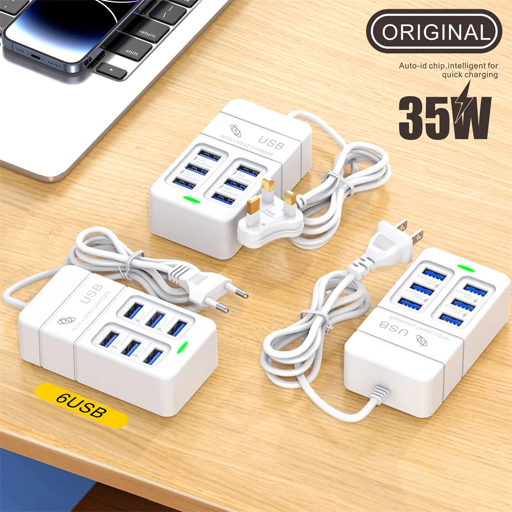 35W Multiport USB Charger PD Type C Fast Charging EU US Plug Wall Charger USB Hub Adapter 6 Ports USB Quick Mobile Phone Charger