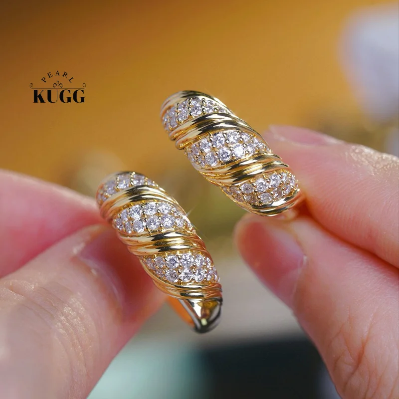 KUGG 100% 18K Yellow Gold Rings Fashion Croissant Shape 0.80carat Real Natural Diamond Engagement Ring for Women Party Jewelry