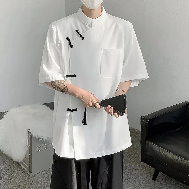 

New Chinese Style Men's Short Sleeve Shirt Tang Suit Chinese Folk Short Sleeve Ice Silk Shirt Half Vest Style Clothing