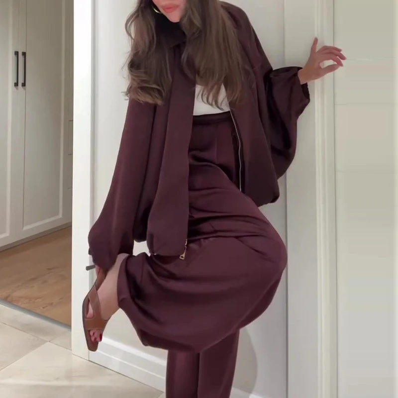 

Модный уличный женский комплект из двух предметов с длинными рукавами, 2025 г., повседневная куртка на молнии, однотонный наряд, элегантные свободные брюки с карманами, спортивный костюм