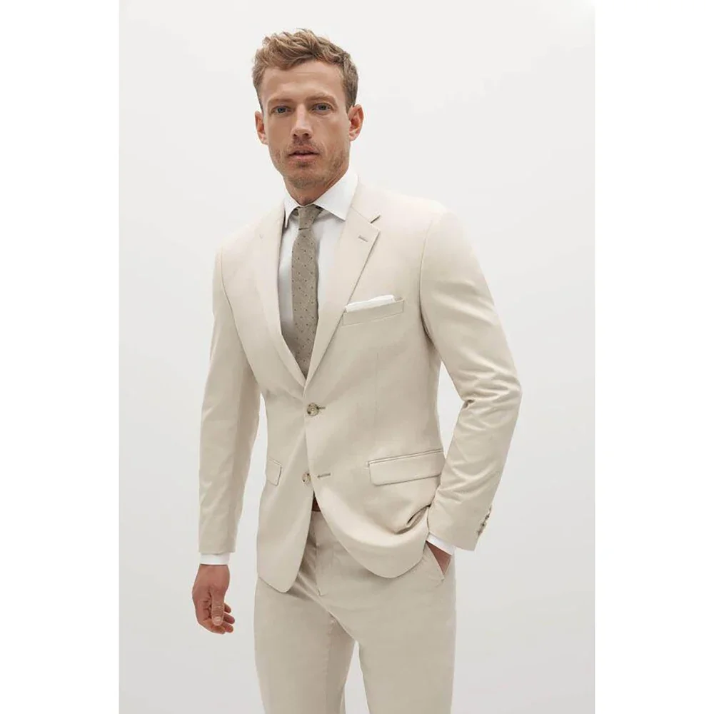 Traje Beige de una sola botonadura para hombre, conjunto de dos piezas (chaqueta + pantalones) con solapa, elegante, informal, para fiesta, graduación y boda