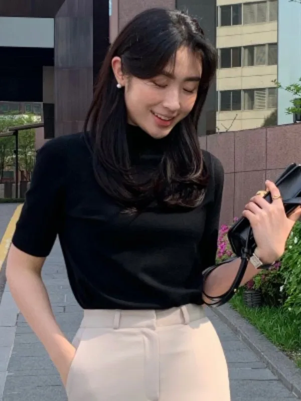 

Korean Sle Stand Collar ort Sve Knitted Top Women's Summer New Simple Versatile Slimming Base irt Upper Body