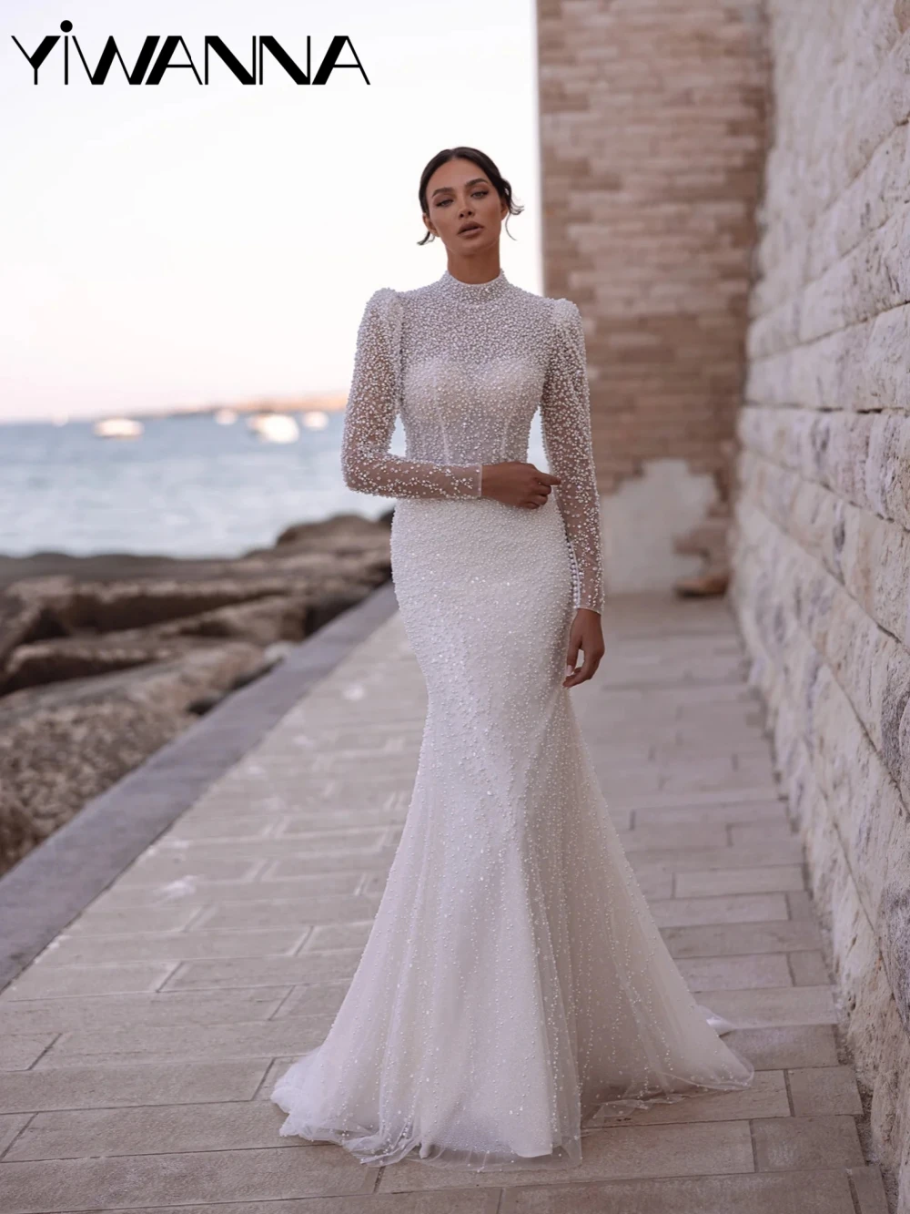 

Luxurious Shiny Pearls Mermaid Wedding Dress Modest High Collar Long Sleeve Bridal Gown Customized Open Back Dresses For Bride