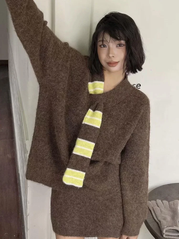 المرقعة فضفاض محبوك سترة Conjuntos المرأة عادية الكورية موضة مخطط مجموعات لينة تنورة قصيرة فضفاضة 2 قطعة مجموعة #2