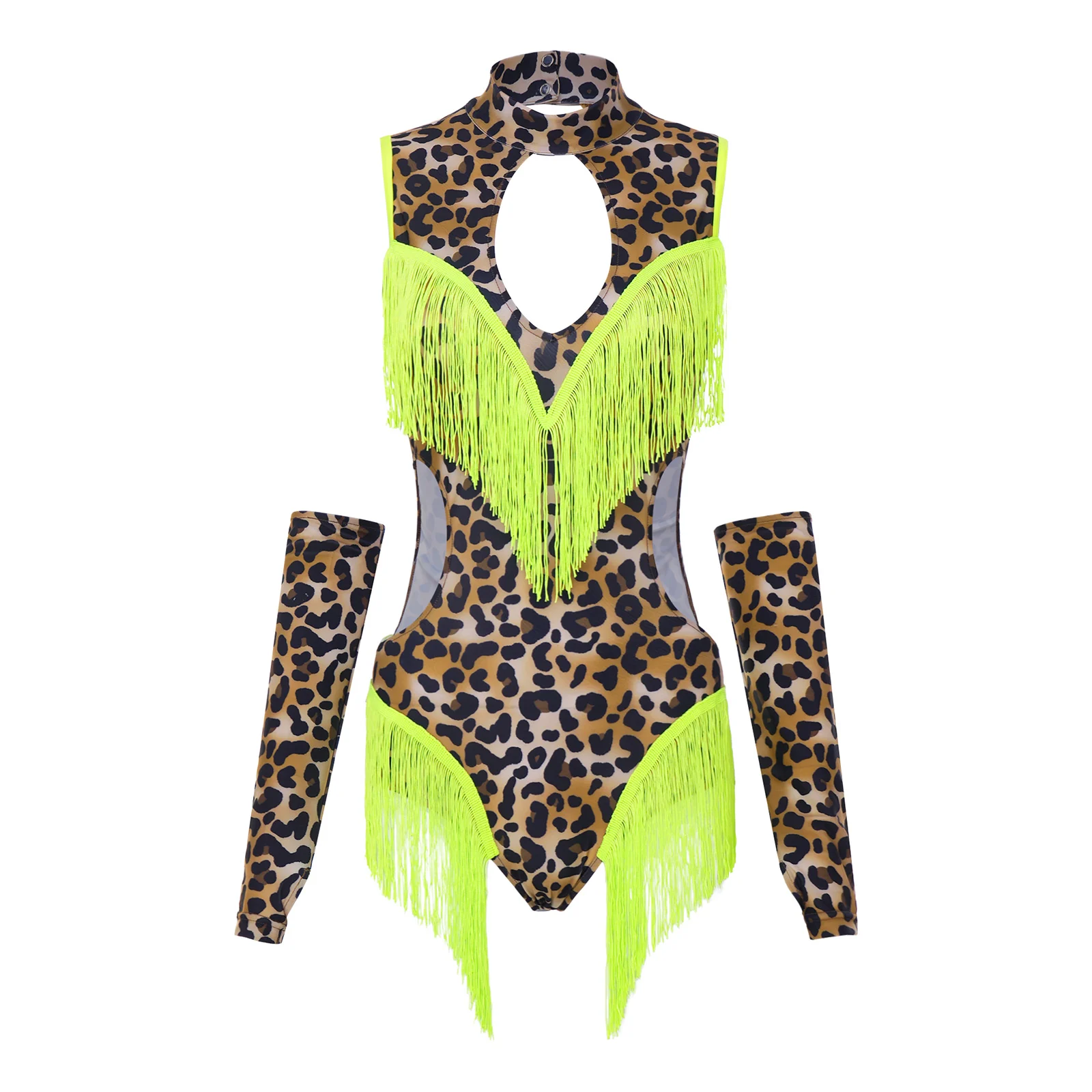 

Women Latin Tango Cha Cha Ballet Dance Leopard Bodysuit Outfit with Oversleeves Tassel Backless Cutout Waist Leotard Jumpsuits