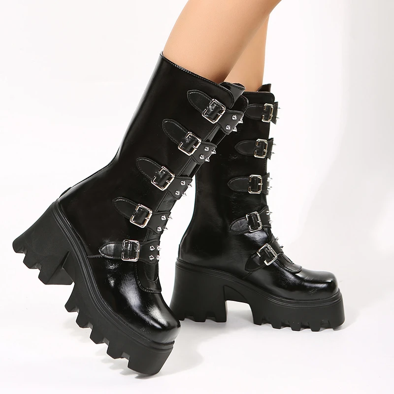 Novo outono feminino grosso meados de bezerro botas cabeça redonda rebite fivela de cinto sola grossa anti-deslizamento resistente ao desgaste botas de salto alto