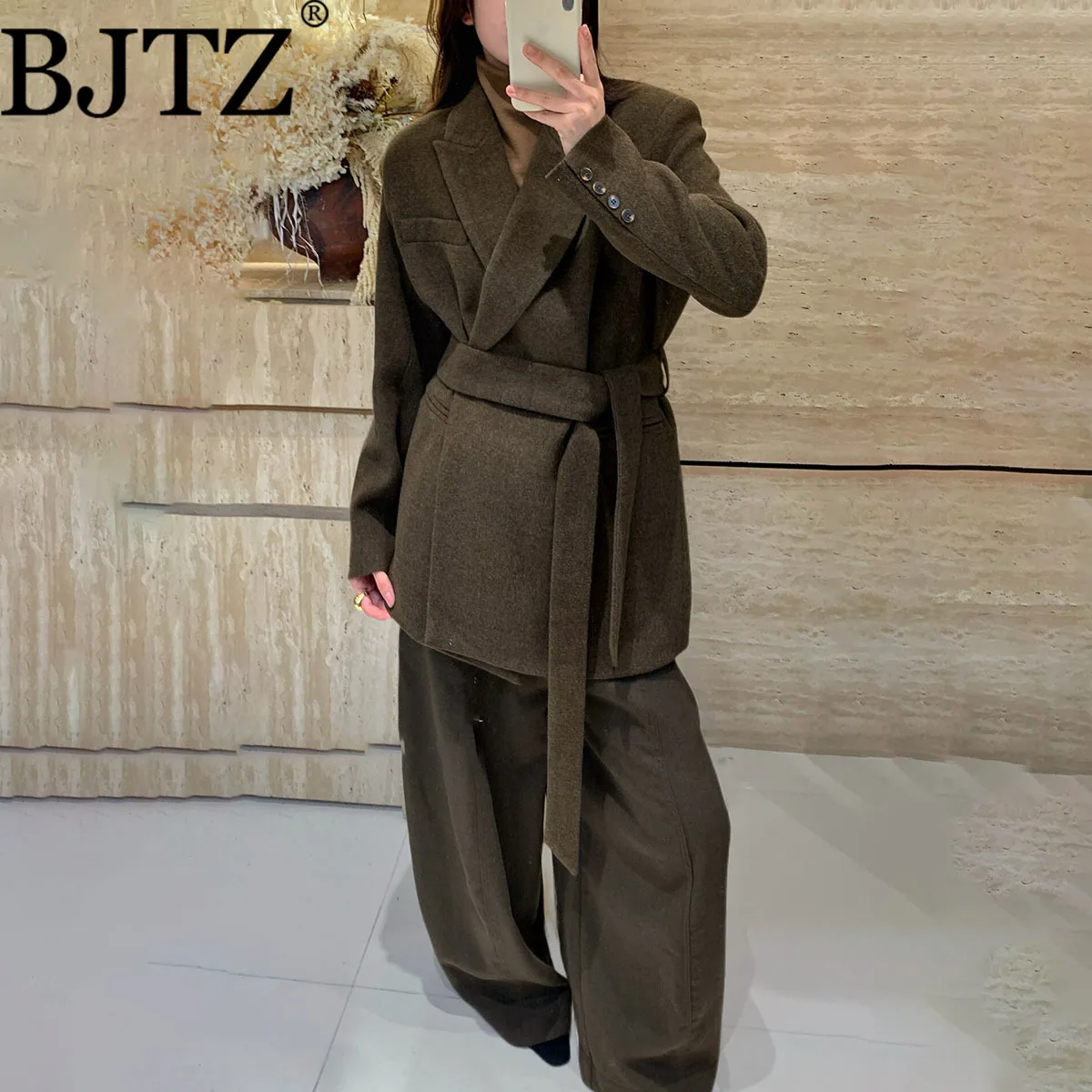 

BJTZ 2025 Шикарный шерстяной (30%) Универсальный пиджак с поясом и завязками на талии, осень-зима, кашемировая смесь, тональная офисная повседневная верхняя одежда