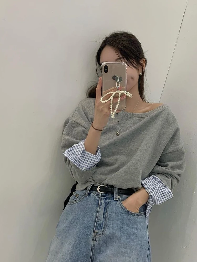 肩出し長袖トレーナー レディース ルーズフィット カジュアル シック 春 トップス ワンピース 韓国風 ショート丈 クルーネック