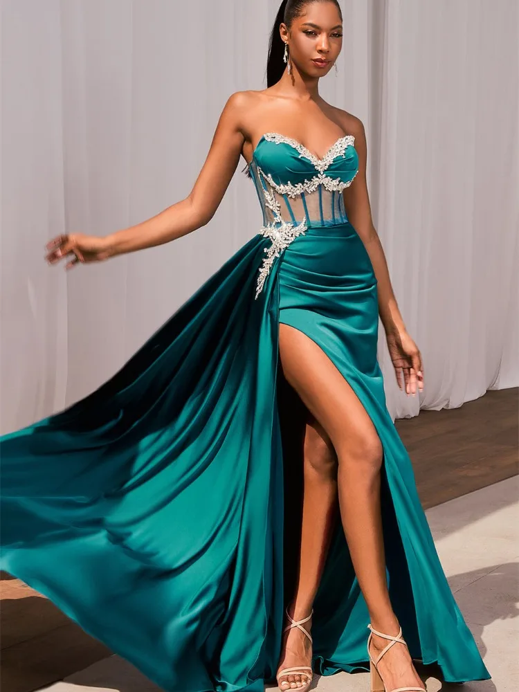 Strapless Satin Mermaid Prom Dress Sweetheart vestidos de fiesta  فساتين سهرة Sexy Side Split Party Dresses