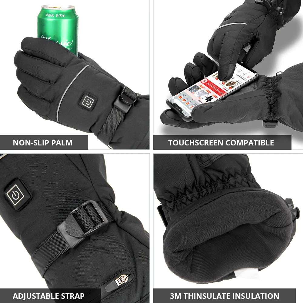 Guantes calefactables de invierno, guantes calefactables antideslizantes para esquiar, pantalla táctil cálida, guantes recargables calentados