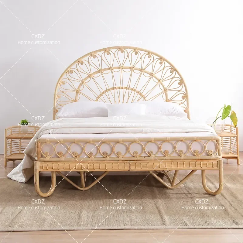 Japanese Style Rattan Bed Frame Modern Simple Double Bed 1.8m Natural Woven Art Furniture for Bedroom Hotel Home Decor