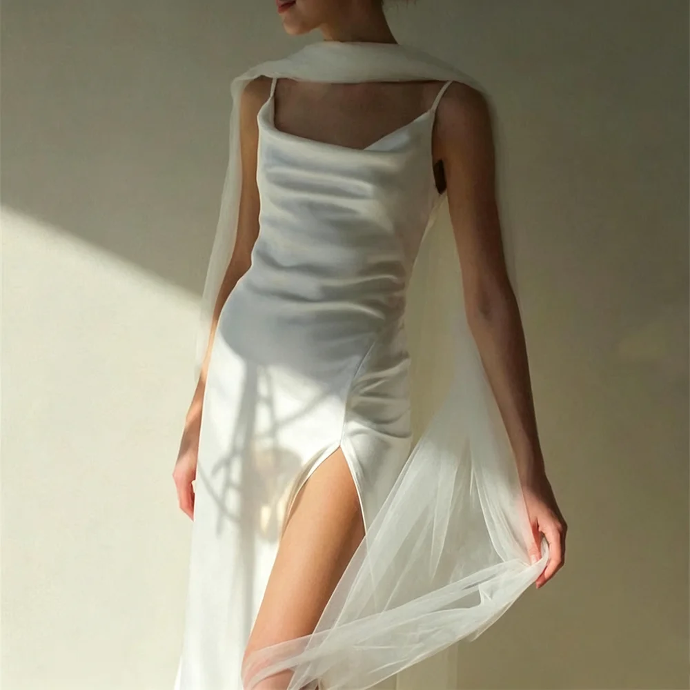 Satin Slip Wedding Dress Cowl Neck Spaghetti Straps High Split Mermaid Bridal Gown Elopement Civil Wedding Party Reception Dress
