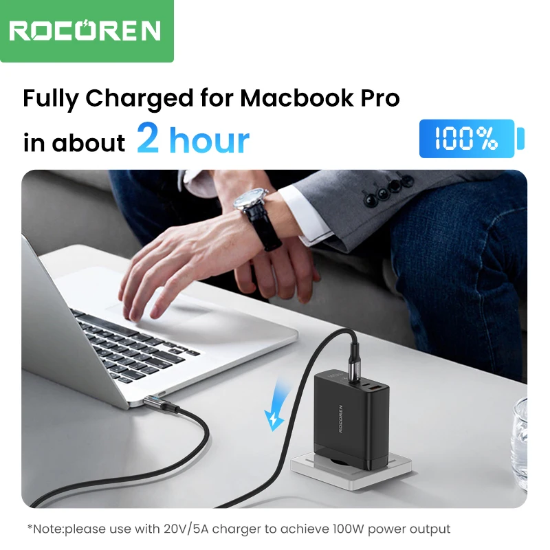 Rocoren PD 100W LED Display USB Type C Cable 5A Quick Charge Fast Charging Charger For Xiaomi POCO Samsung Data Cable Wire Cord